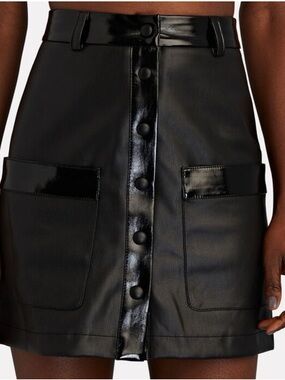 STAUD Black Faux Leather Button-Front Mini Skirt